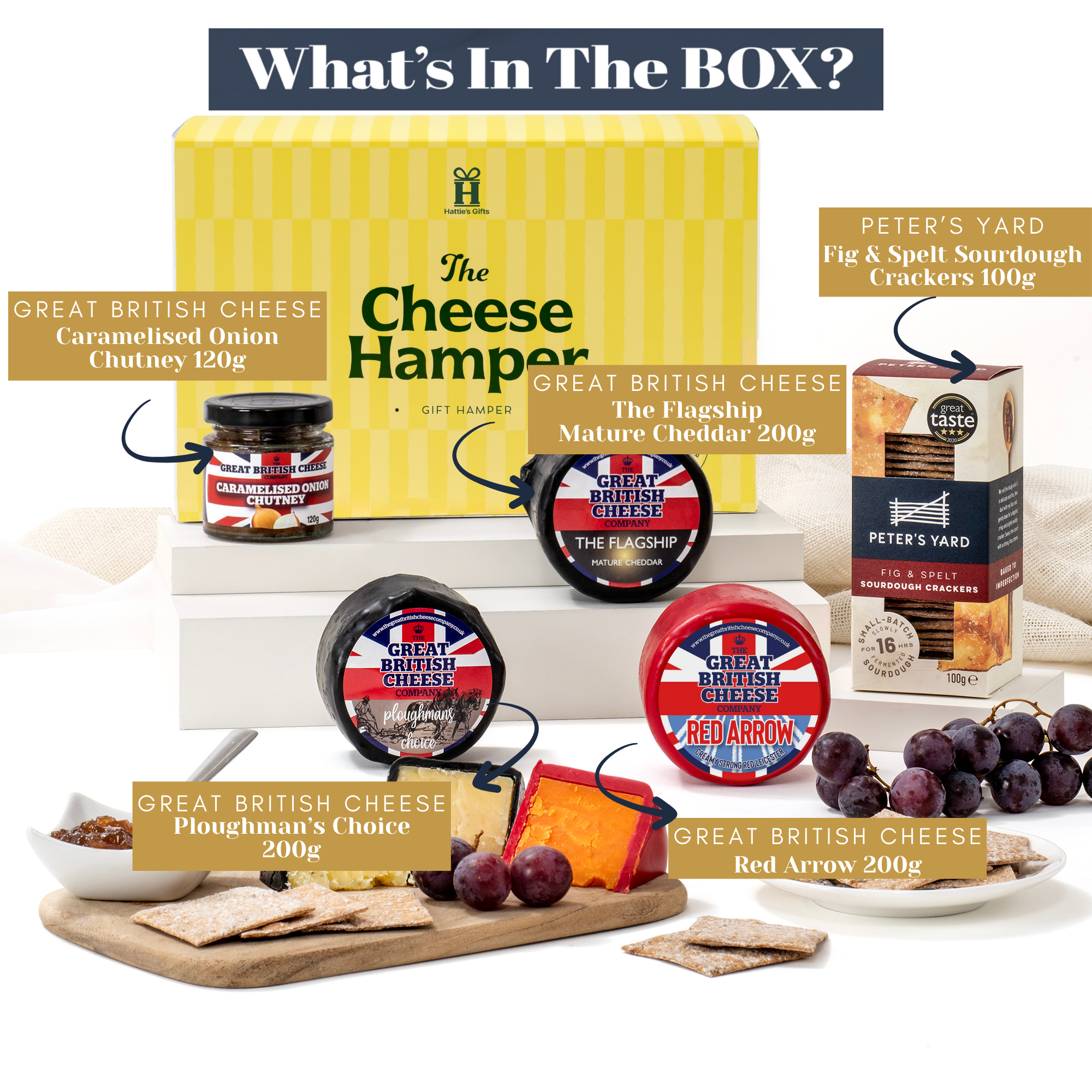 Festive cheese hamper with chutneys, biscuits, and ribbon packaging
