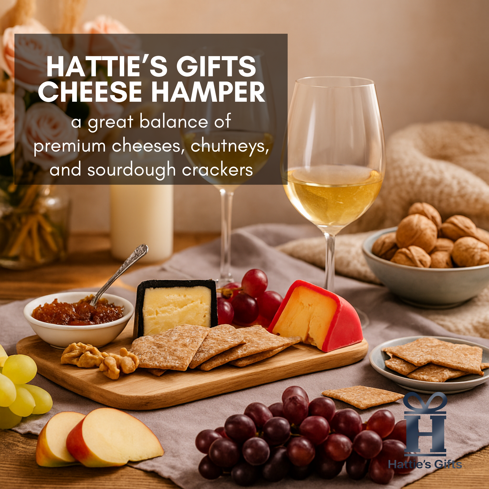 Gourmet hamper box featuring artisan cheese, chutneys, and crackers
