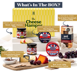 Hand-packed cheese hamper with crackers, chutneys, and packaging
