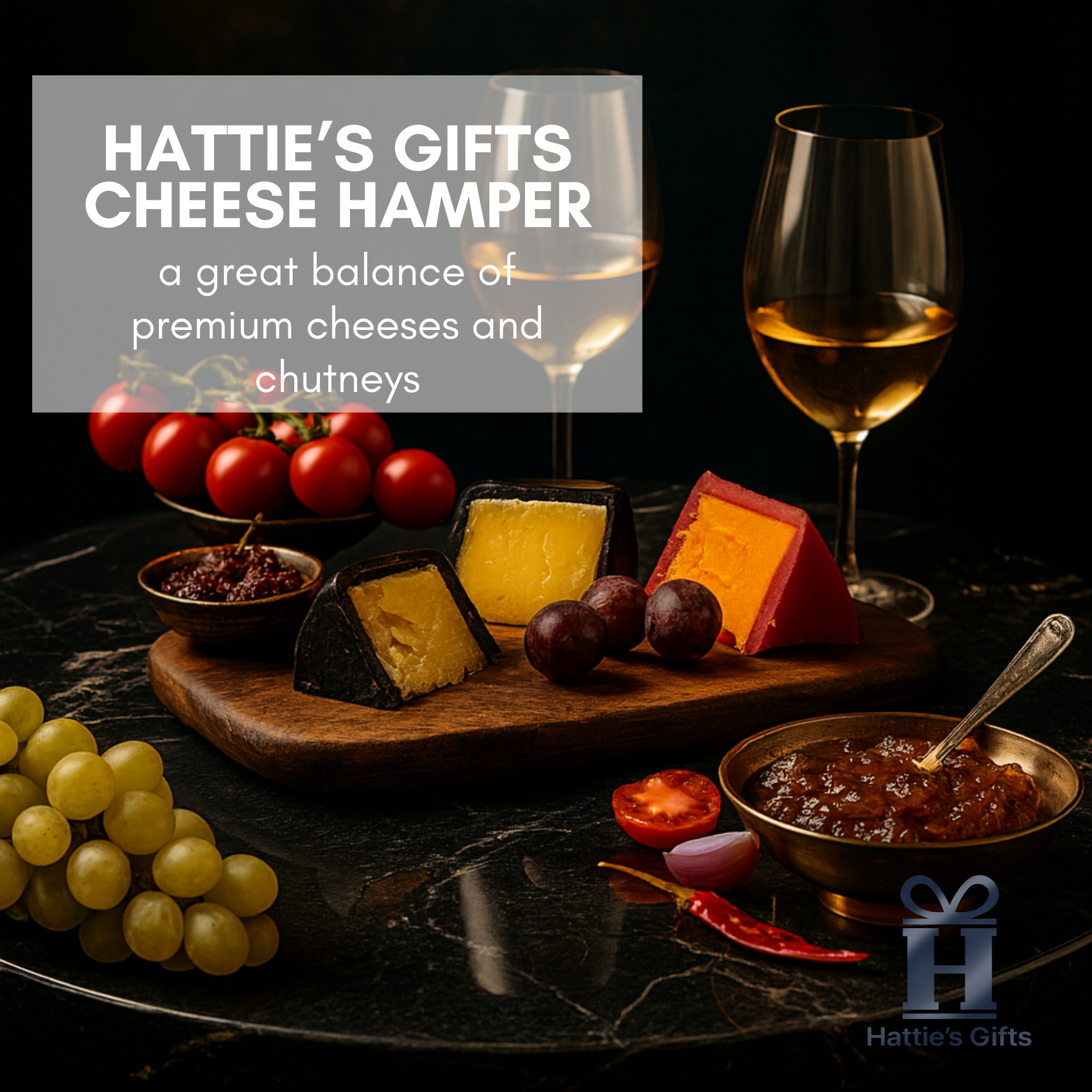 Rustic cheese hamper packed with chutneys and farmhouse biscuits
