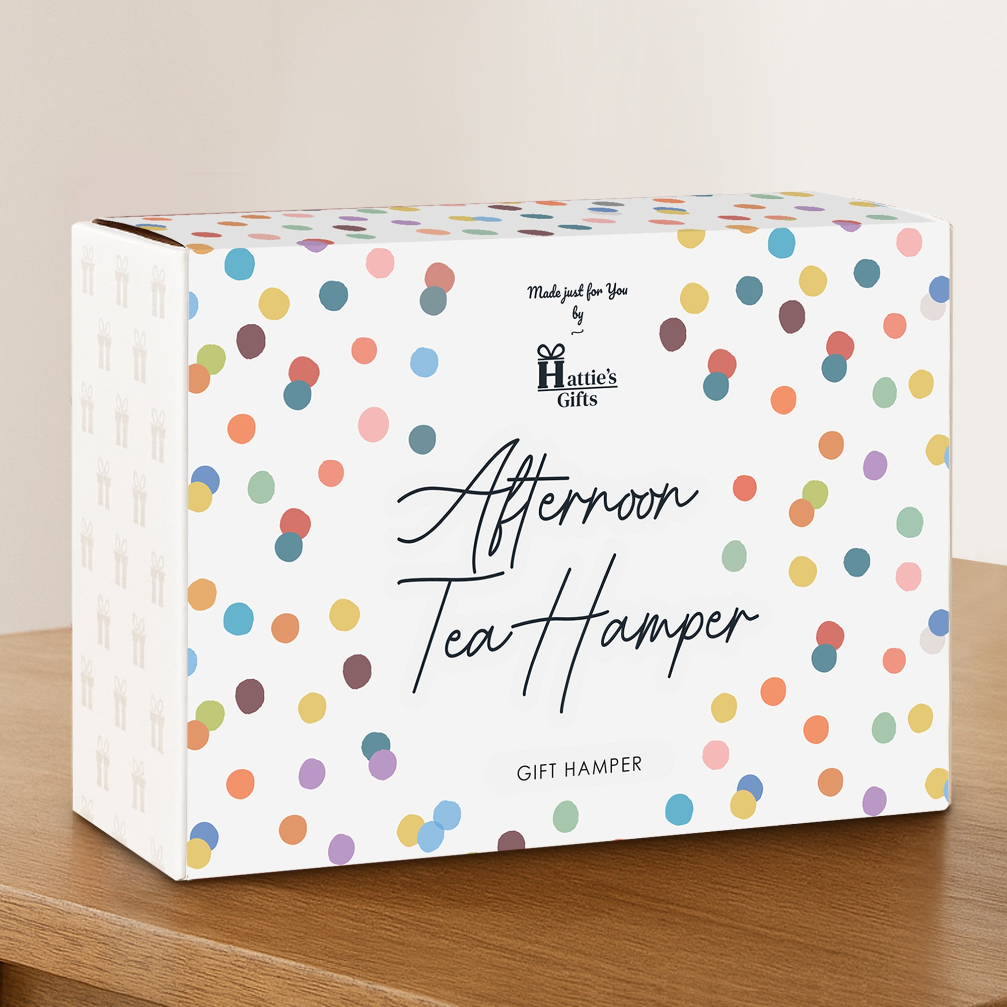White spotty sleeve with “Afternoon Tea” design on Hattie’s Gifts magnetic box—stylish and gift-ready