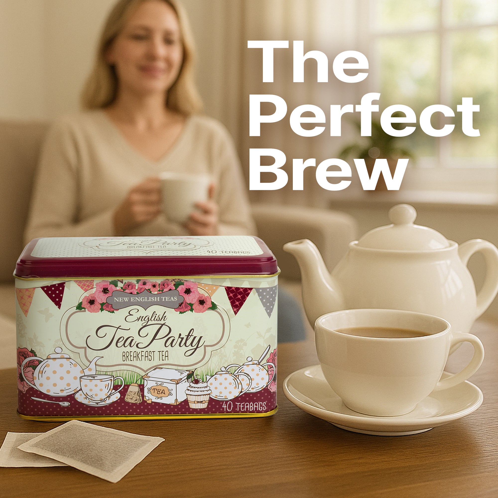 Relaxed afternoon tea lifestyle scene with New English Teas tin, fudge, and shortbread for gifting inspiration