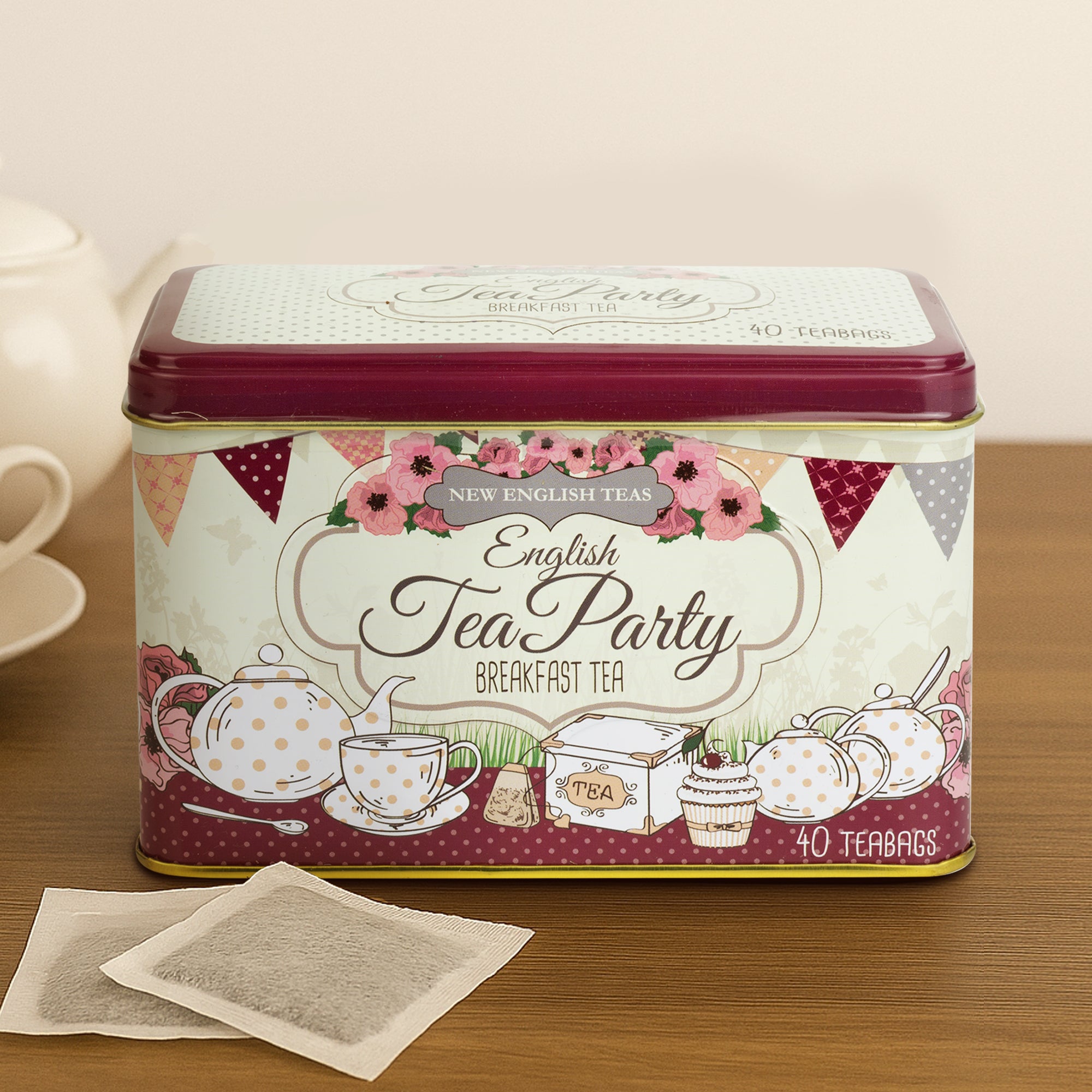 Classic Afternoon Tea tin by New English Teas containing 40 teabags, styled in vintage pastel packaging