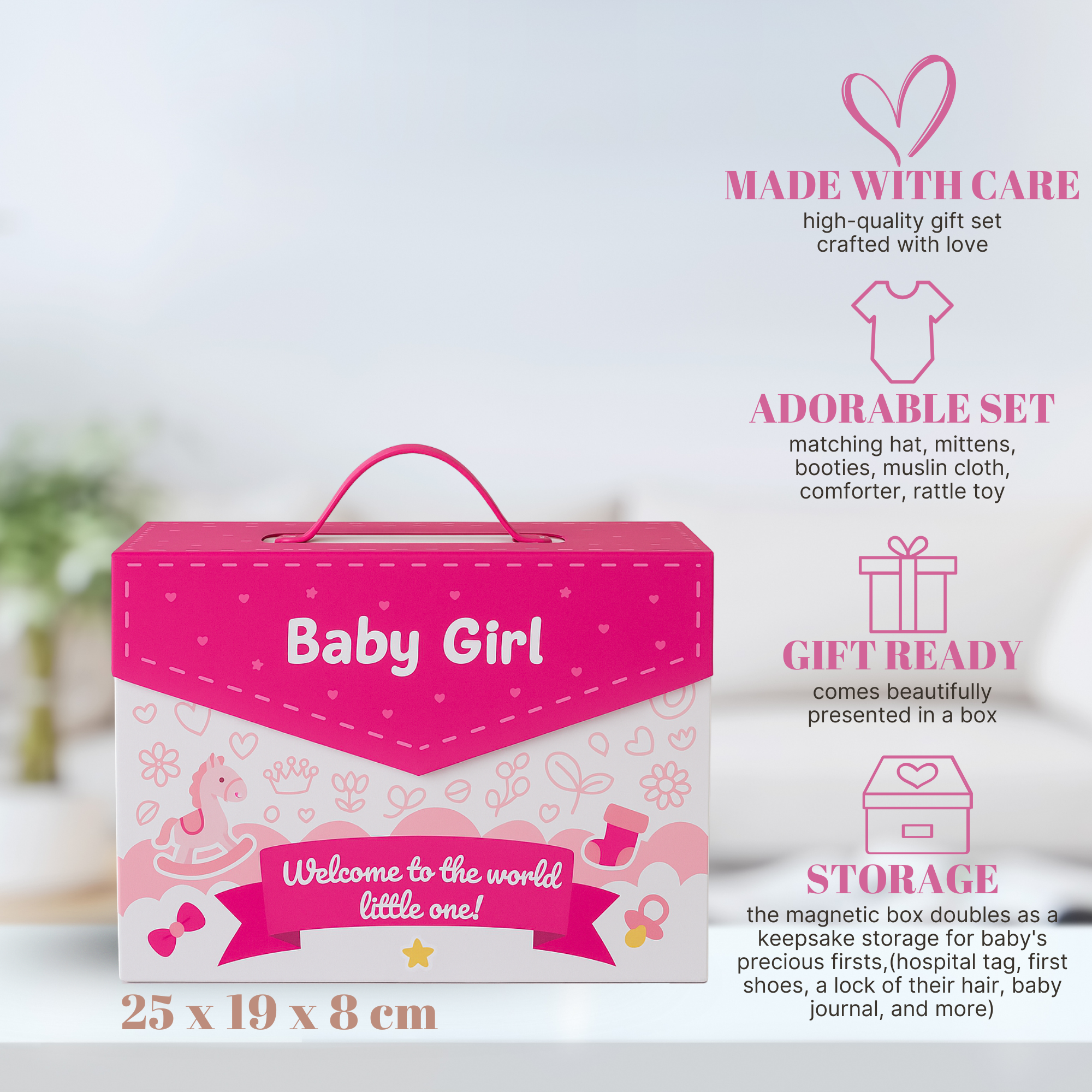 Elegant white magnetic gift box with baby essentials neatly arranged – perfect baby shower gift for girls