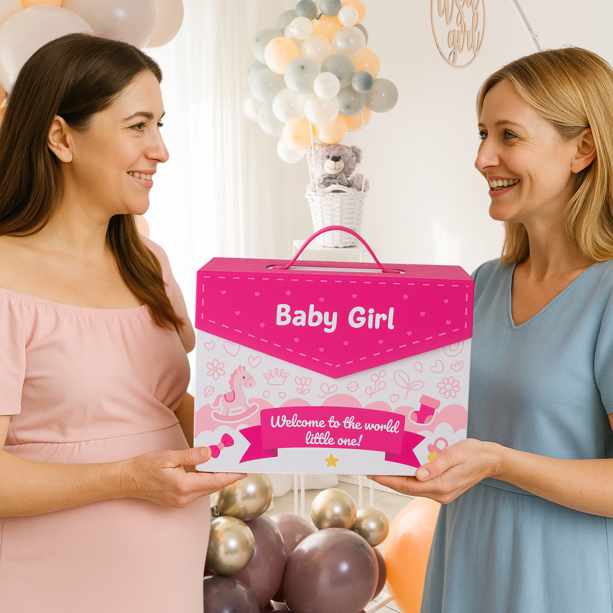 New mum receiving a thoughtful baby girl hamper – heartwarming gift with newborn essentials inside