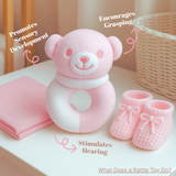 Soft white and pink bear rattle toy for newborns – baby-safe and EN71 certified, ideal for early play