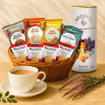 Close-up of assorted mini biscuits—Belgian Chocolate, Stem Ginger, Golden Oat, and Salted Caramel, All-butter