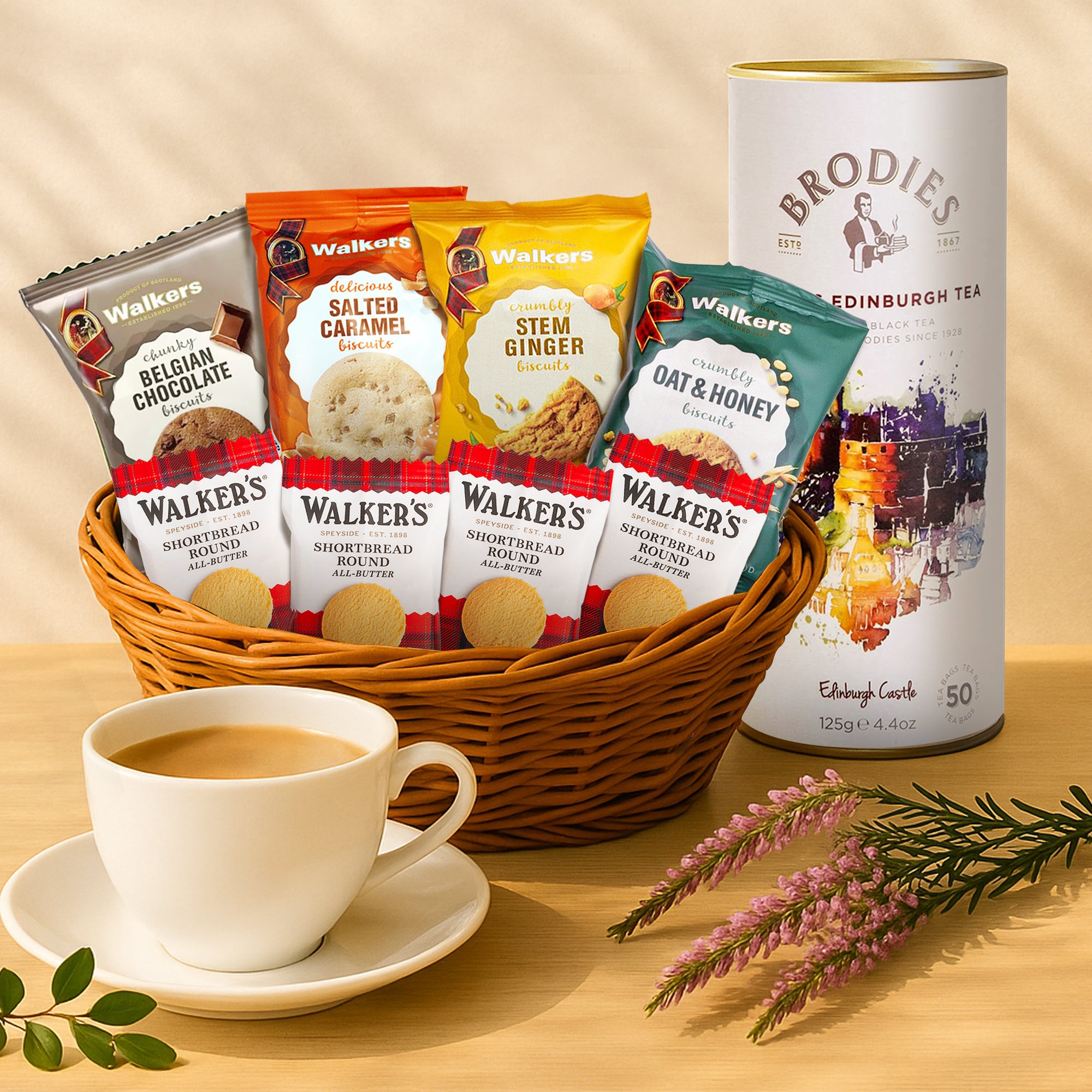 Close-up of assorted mini biscuits—Belgian Chocolate, Stem Ginger, Golden Oat, and Salted Caramel, All-butter