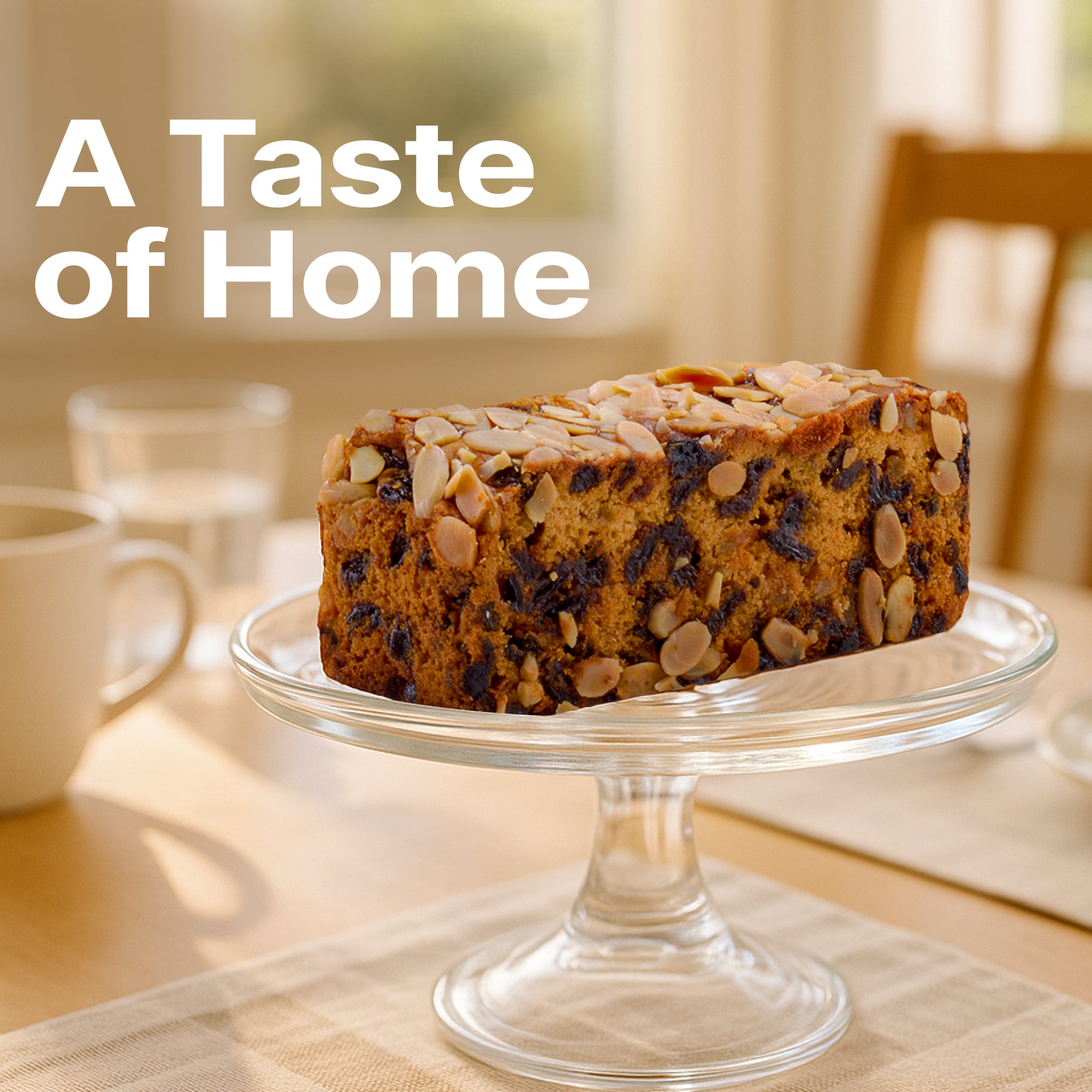 Warm lifestyle setup showing a Scottish Dundee cake with tea—perfect for afternoon indulgence or gift hampers