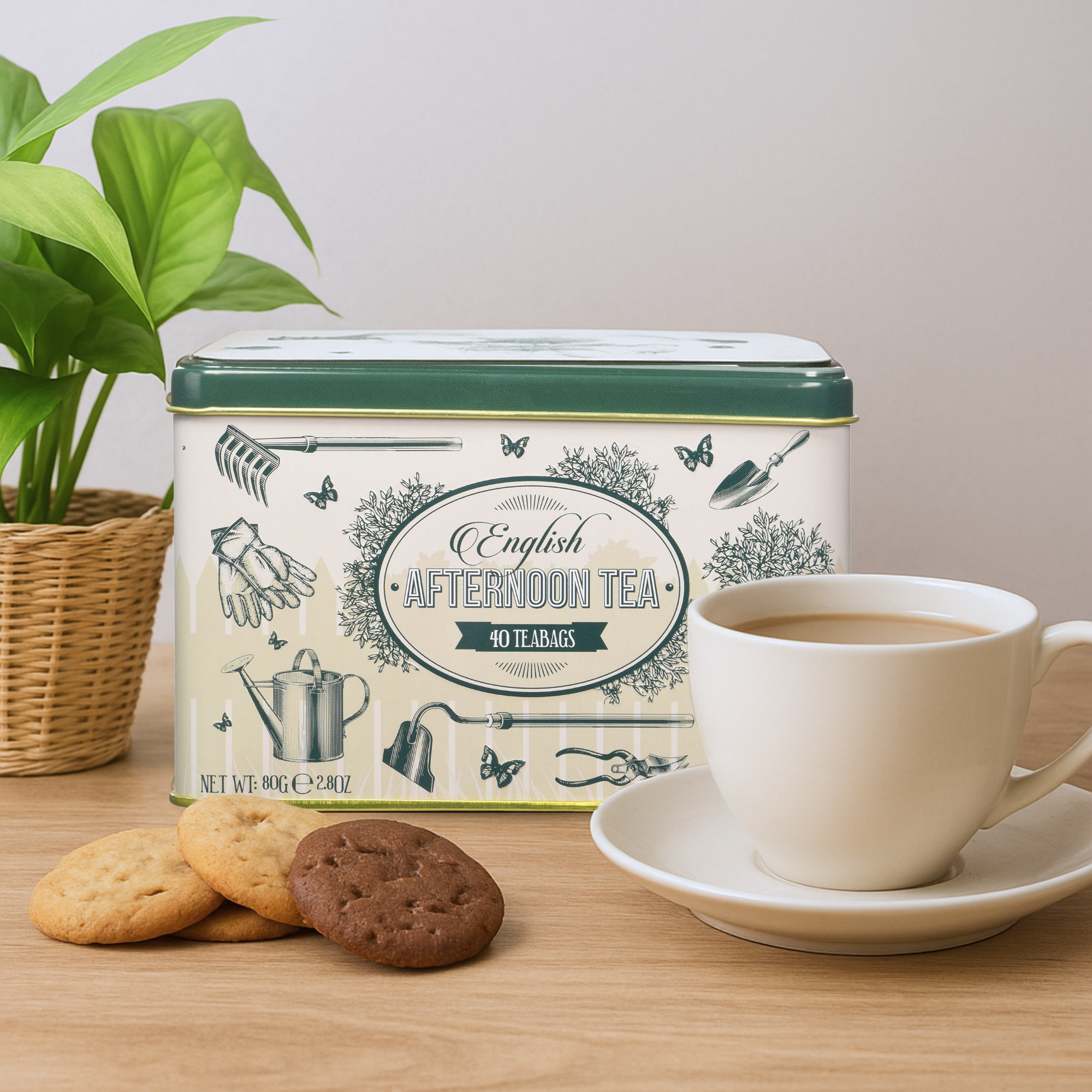 New English Teas English Garden 40-bag tin tea product feature shot for gourmet tea lovers