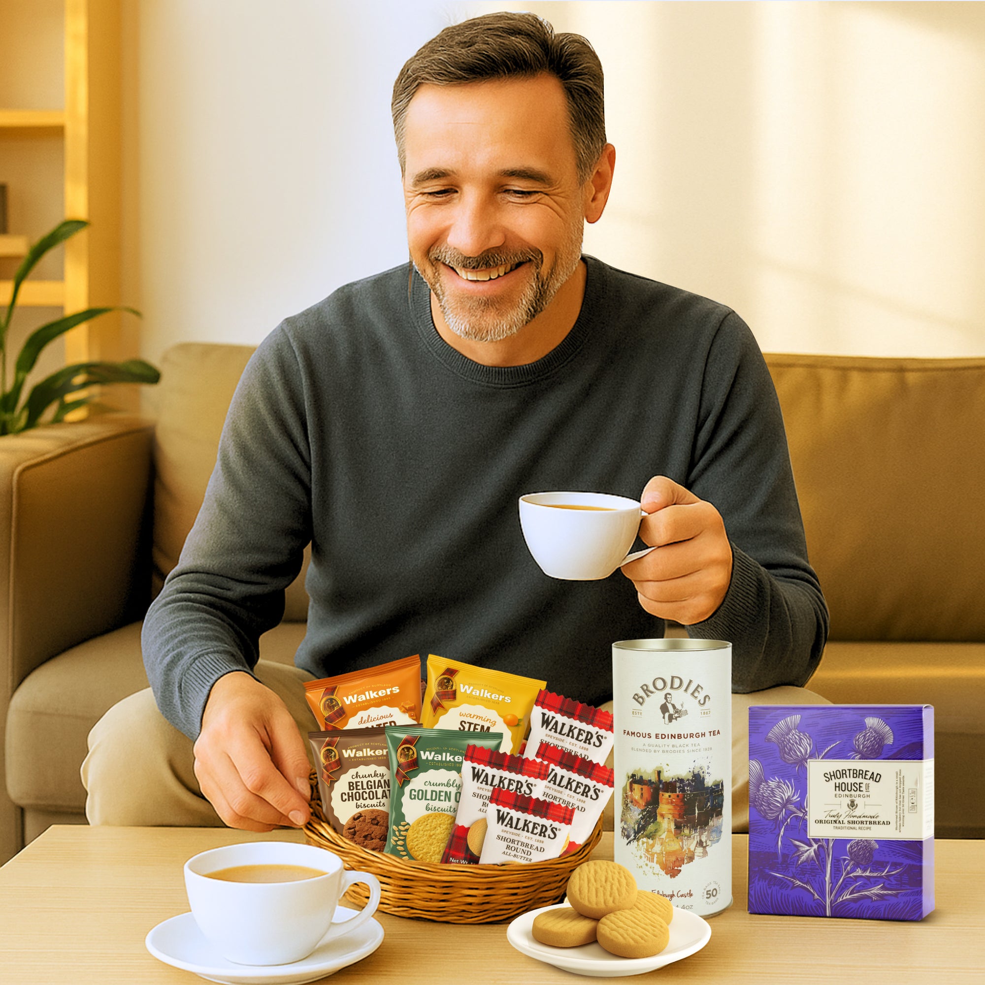 Father smiling as he enjoys a cup of tea and a biscuit while seated