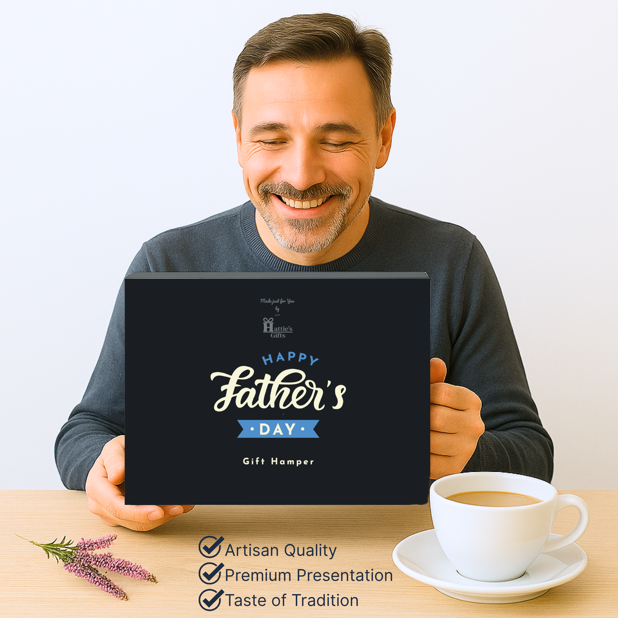 A smiling man in a dark sweater holds a navy Hattie’s Gifts ‘Happy Father’s Day’ hamper box on a light wood table, with a white cup of coffee and a sprig of flowers beside it, against a plain pale background