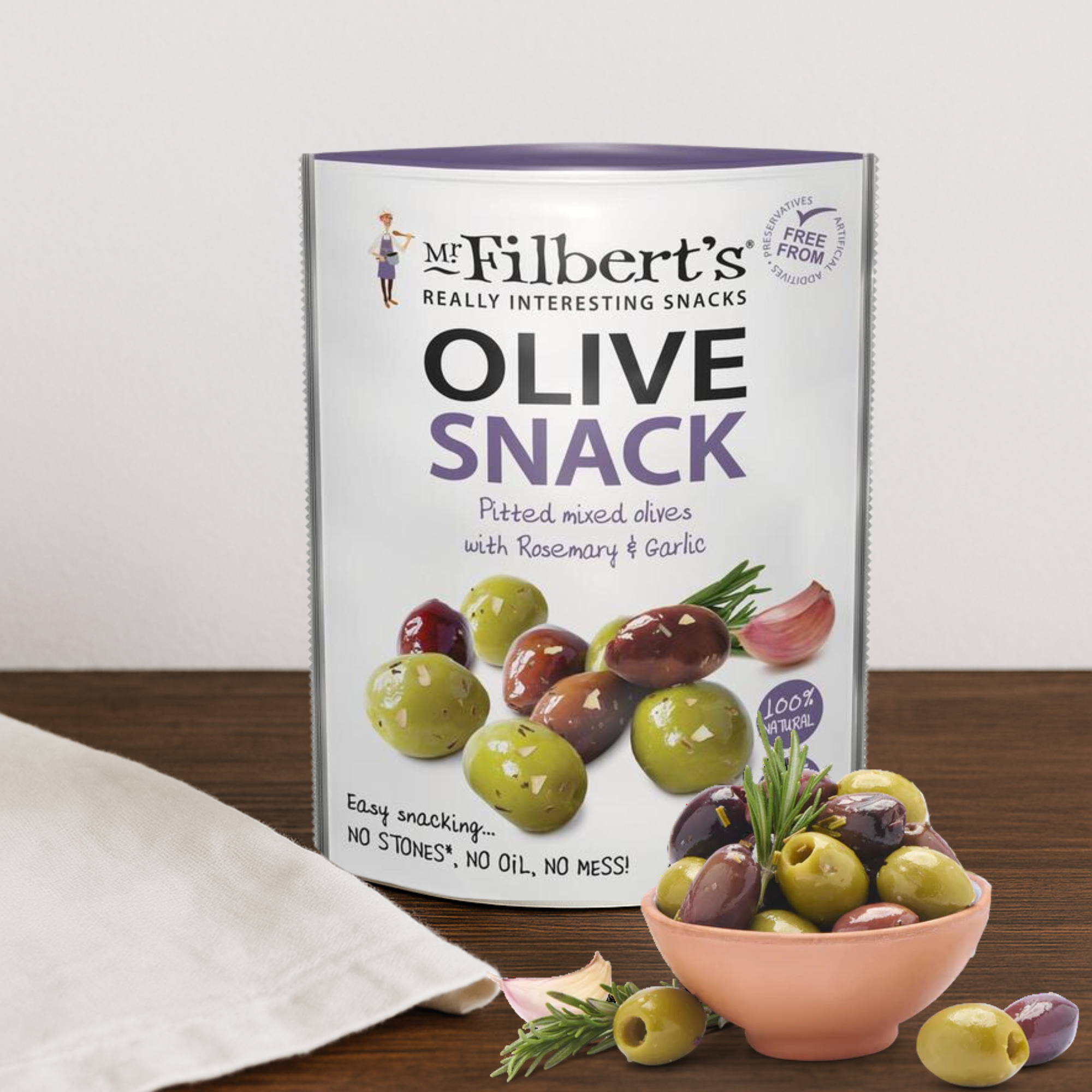 Close-up of Mr Filberts rosemary & garlic Kalamata & green olives