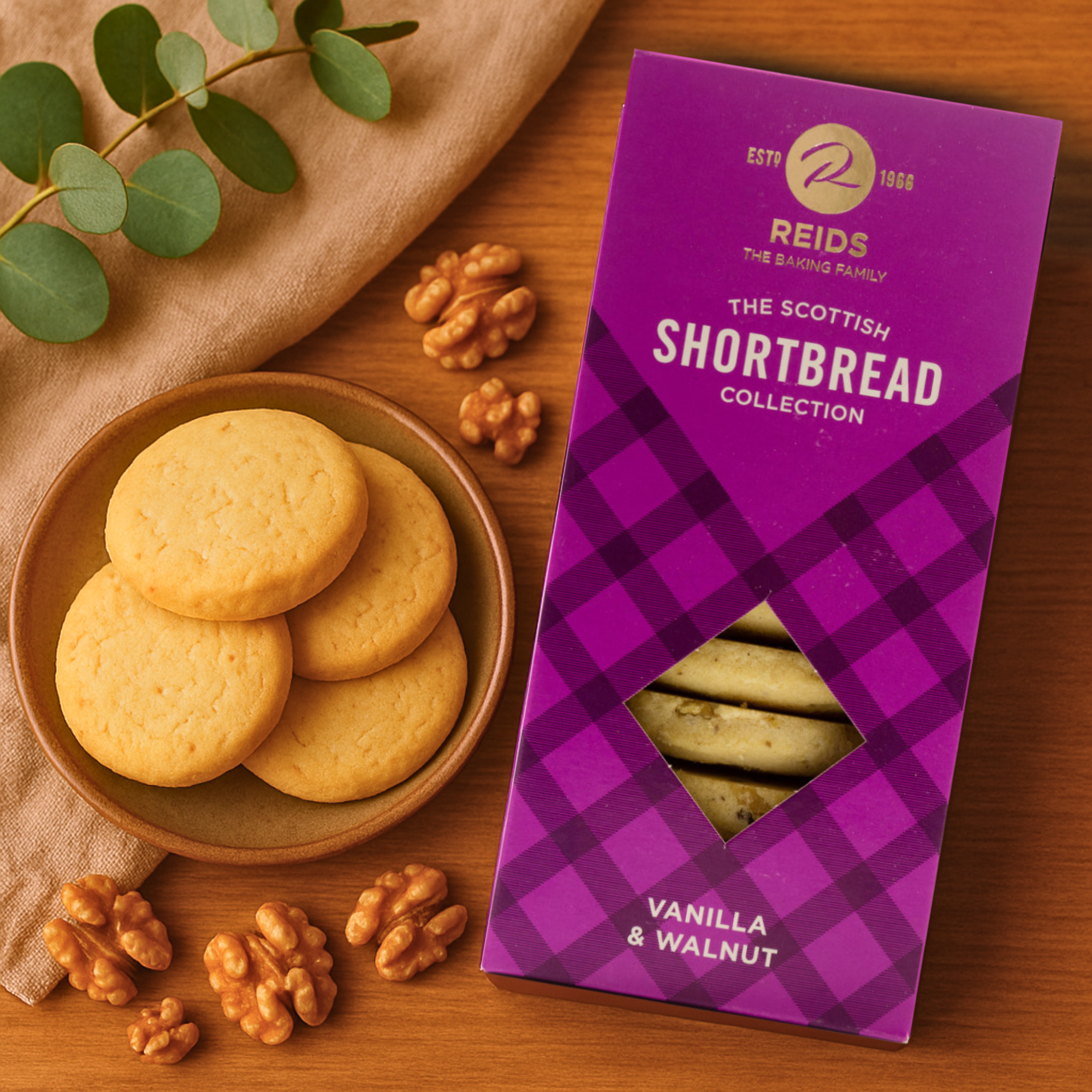 Reids of Caithness Vanilla & Walnut Scottish Shortbread in a deep purple box with tartan design, perfect for luxury hampers and gifting