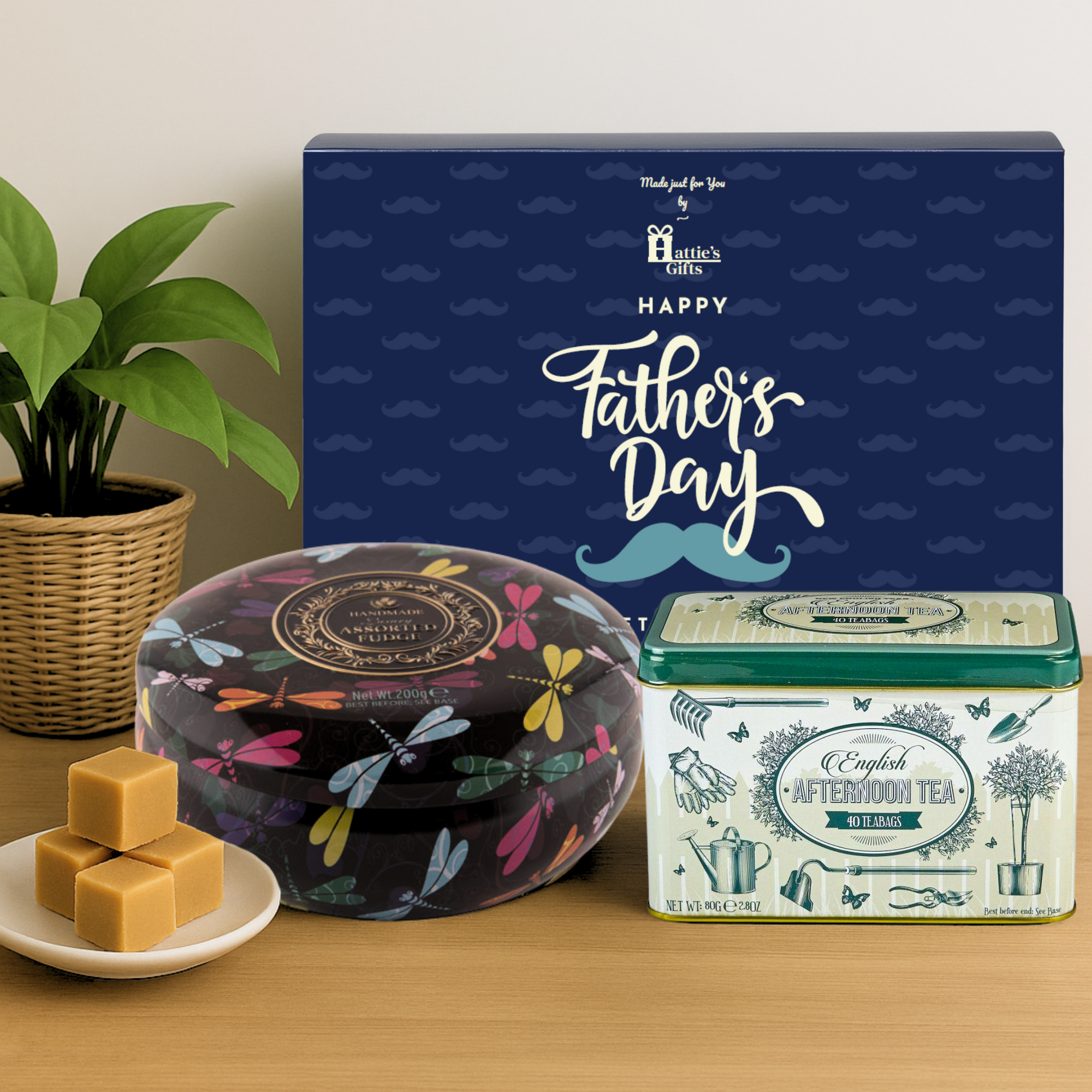 Close-up feature of English Garden tea tin paired with Gardiners of Scotland clotted cream fudge